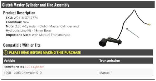 Clutch Master Cylinder and Hydraulic Line Kit - Compatible with 1998-2003 Chevy S10 2.2L 4-Cylinder (18mm Bore) with Manual Transmission
