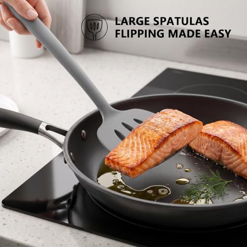 Image of Coukre 3 Pack Silicone Spatula Set, Heat Resistant to 500F, BPA-Free | Fish Spatula, Solid & Slotted Turners, Dishwasher Safe, Spatula Set for Eggs, Pancakes, Fish & Burgers, PureGray