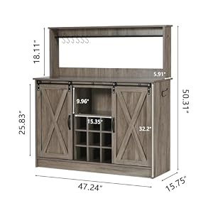 4ever2buy Farmhouse Coffee Bar Cabinet with Sliding Barn Doors, 50 Inch Coffee Bar Hutch with 6 Hooks, Gray Coffee Bar with 9 Mug Rack, Hutch Cabinet with Storage for Living Room 4ever2buy Farmhouse Coffee Bar Cabinet with Sliding Barn Doors 50 Inch Coffee Bar Hutch with 6 Hooks Gray Coffee Bar with 9 Mug Rack Hutch Cabinet with Storage for Living Room