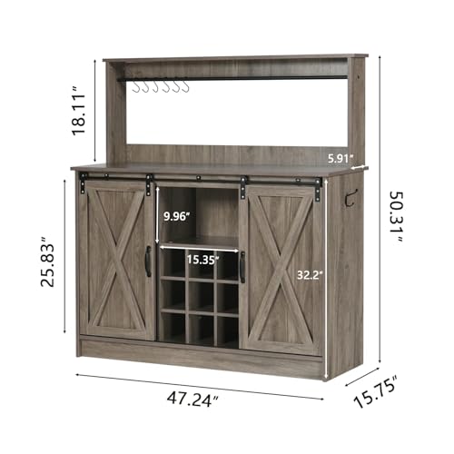 4ever2buy-Farmhouse-Coffee-Bar-Cabinet-with-Sliding-Barn-Doors-50-Inch-Coffee-Bar-Hutch-with-6-Hooks-Gray-Coffee-Bar-with-9-Mug-Rack-Hutch-Cabinet-with-Storage-for-Living-Room 4ever2buy Farmhouse Coffee Bar Cabinet with Sliding Barn Doors 50 Inch Coffee Bar Hutch with 6 Hooks Gray Coffee Bar with 9 Mug Rack Hutch Cabinet with Storage for Living Room
