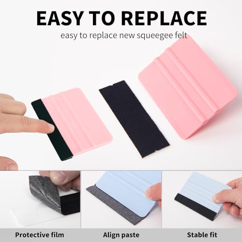 Image of AMZDEPOT 2 Pcs Felt Edge Vinyl Squeegee 4 Inch, SkyBlue and Pink | Felt Edge Squeegee With Spare Felt Inserts, Compact Lightweight Non Slip Grip, Anti-Scratch Bubble Remover
