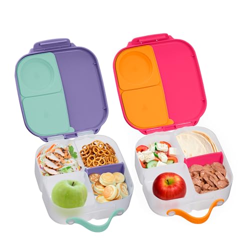 Image of b.box Mini Lunch Box 2-Pack, Leak Proof Bento Box for Kids, 3 Compartment Snack Containers Ages 3+, Lunchbox for Daycare + School, Dishwasher Safe, BPA-Free, PFAS-Free, 4.25 Cup - Strawberry + Lilac