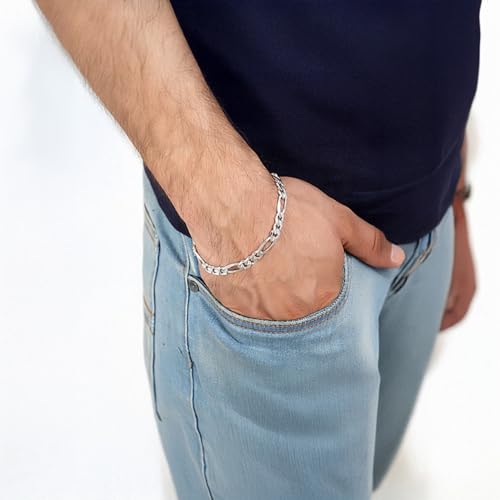Image of TRUESILVER ACPL 925 Sterling Silver BIS Hallmarked Italian Figaro-Chain Bracelet for Men Boys