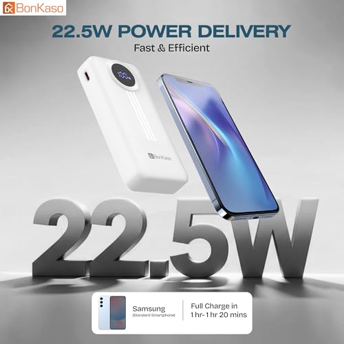 Image of BonKaso 10000mAh Power Bank 22.5W Fast Charging PD, Built-in 2-in-1 Type-C & Lightning Cable, Digital Display, Dual USB Output, Compact Portable Charger for iPhone, Android, Tablets - White