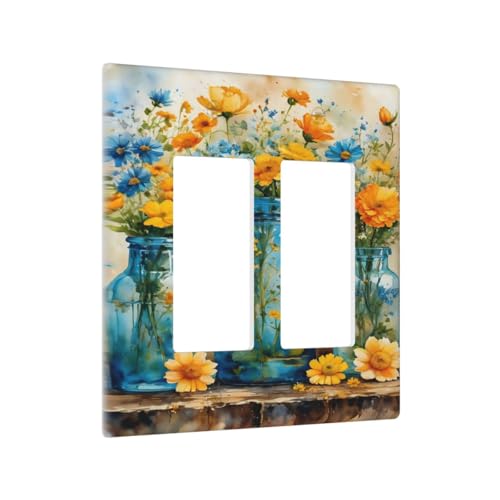 Decorative Outlet Covers Rustic Yellow Flowers Floral Blue Bottles 2 Gang Wall Plate Double Rocker Two Switch Wall Cover Plate Light Switch Cover Plate Faceplate for Country Bedroom Decor