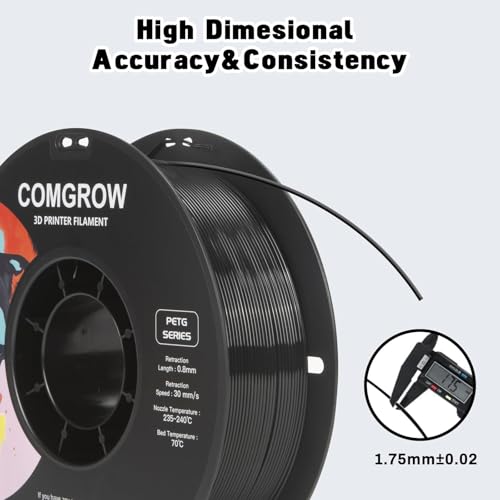 Image of Comgrow PETG 3D Printer Filament 1.75mm, High Precision and Tough 3D Printer Filament 6 rolls*1kg, Dimensional Accuracy + /- 0.02 mm, Fit Most 3D Printers Black /White /Cherry Red /Pine Green /Purple /Brown