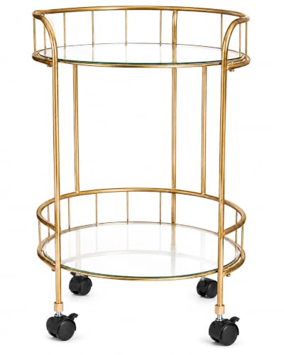 Image of spot on dealz® Drinks Trolley Kitchen Island Bar Cart Trolley Serving Cart With Two Glass Shelves Gold Mini Bar Table Four Plastic Castor Wheels Flat Pack Item