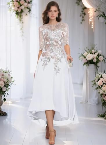 GARDOM Embroidery Midi Mother of The Bride Dresses for Wedding Tea Length Half Sleeve Lace Chiffon Formal Evening Gowns2