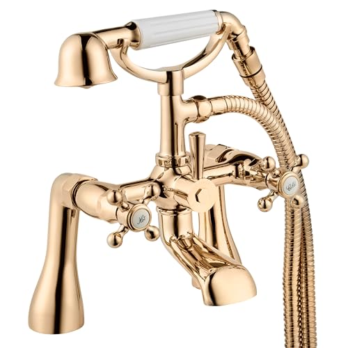 Deva Tudor Pillar Mounted Shower Head Bath Mixer Taps - Traditional Gold Brass Victorian Style - Hot & Cold Water - Cross Head Lever Handle - Bathroom Tub Handset Tap TUD03/501 – 12 Year Warranty