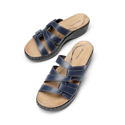 Image of DREAM PAIRS Women Arch Support Slide Sandals Adjustable Straps Slip On Wedge Sandals Casual Comfort Lightweight Flat Slides