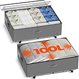 XXXL 100L Under Bed Storage with Wheels, Rolling Storage Containers with Support & Clear Lid, Heavy-Duty Metal Frame, Easy Pull-out, Underbed Storage Bins for Clothes, Shoes, Blankets, and Toys 2 pack