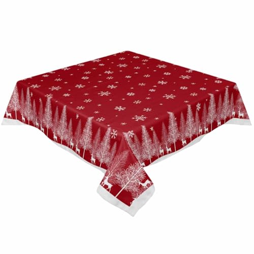 Christmas Elk Tree Tablecloth Rectangle Round Table Cloth 60x60 Inch, Red Winter Indoor or Outdoor Tablecloth, Waterproof Fabric Table Cover for Party Holiday Picnic Kitchen Xmas Decorations
