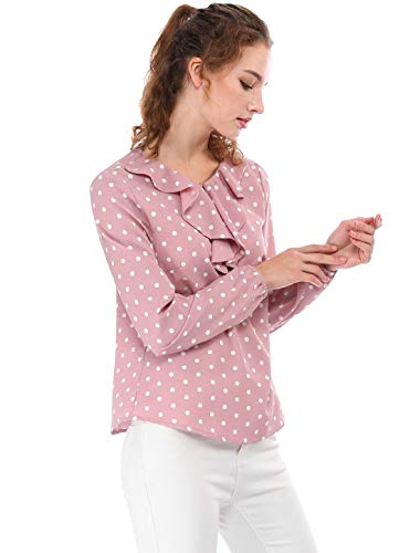 Allegra K Women's Ruffle Neck Long Sleeve Vintage Polka Dots Tunics Blouse Shirt M Pink