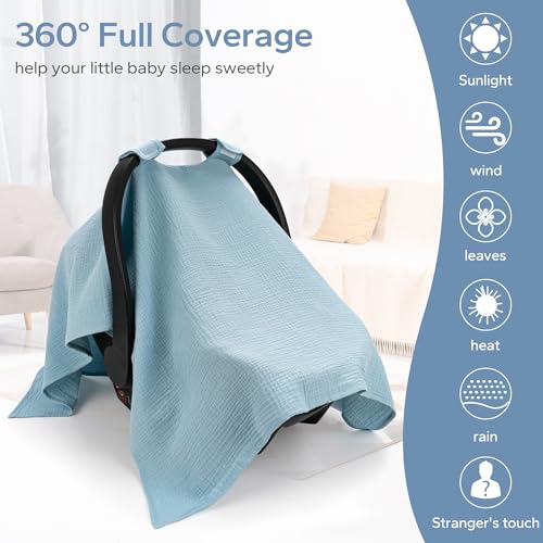 Image of SERAPHY 100% Muslin Cotton Car Seat Cover Baby, Universal Carseat Covers, Breathable Baby Car Seat Canopy for Boys Girls, Soft Infant Car Seat Cover for Summer -Blue