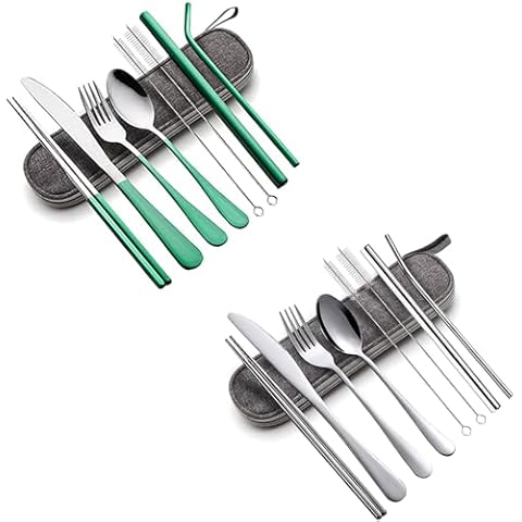 [Together Save 7.77%] Green &Silver Purple 8pcs Including Dinner Knife Fork Spoon Chopsticks Boba Straw Cover