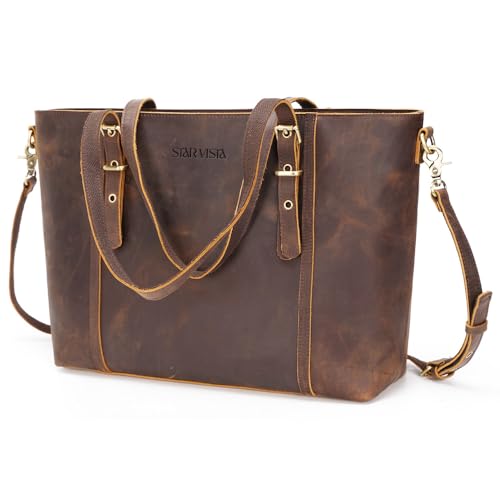STAR VISTA Scopella Vintage Full Grain Leather Tote, Womens Satchel Handbag, Womens Shoulder bag, YKK Zippers,Adjustable Handles&Strap,Trolley Sleeve (Dark Brown)
