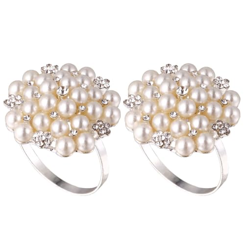 NUOBESTY Set 6 Anelli per Tovaglioli Placcati Argento Diamanti e Perla Fibbia Porta Tovagliolo Elegante Riutilizzabile per Decorazioni Tavola e Feste