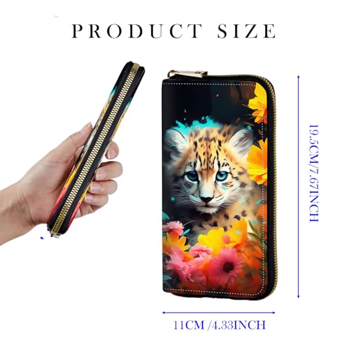 RFID Blocking Women's Wristlet Purse - Detachable Wrist Strap, Compact Foldable Design with 12 Card Slots & Zip Pocket Wallet for Travel,Gym,Everyday Security,Cute Baby Leopard Flower2