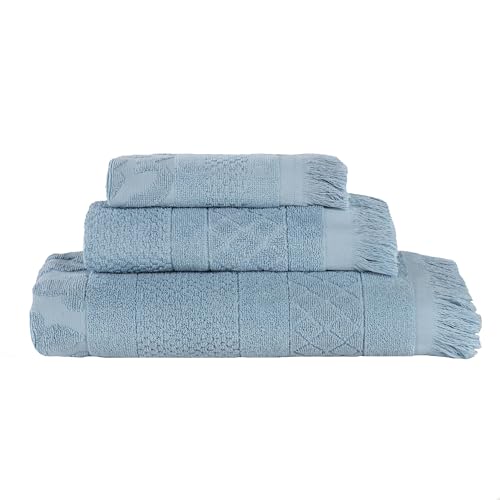 Superior Cotton 3 Piece Towel Set, Quick Dry, Bathroom Essentials, Shower, Spa, Luxury Plush Soft Absorbent Towels, Includes 1 Bath, 1 Hand, 1 Washcloth/Face Towel, Rolla Collection, Blue