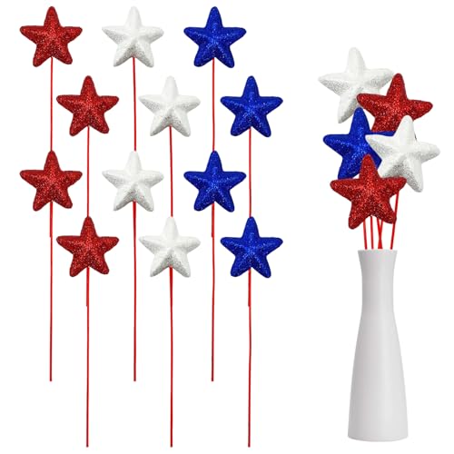 12 Pcs 4th of July Red White Blue Glitter Puffy Star Picks Foam Sparkly Sticks Floral Arranging Supplies for Memorial Day National Day Independence Day Party Table Centerpieces Decoration