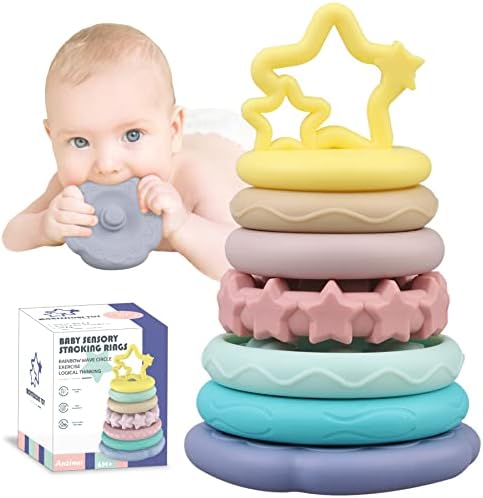 Baby Soft Sensory Stacking Rings - Montessori Educational Toy Learning Activities Blocks for Toddlers 1-3 - Infant Teething Toys - Gifts for Boys Girls 6 9 12 18 Month One Year Old Newborn Baby Shower