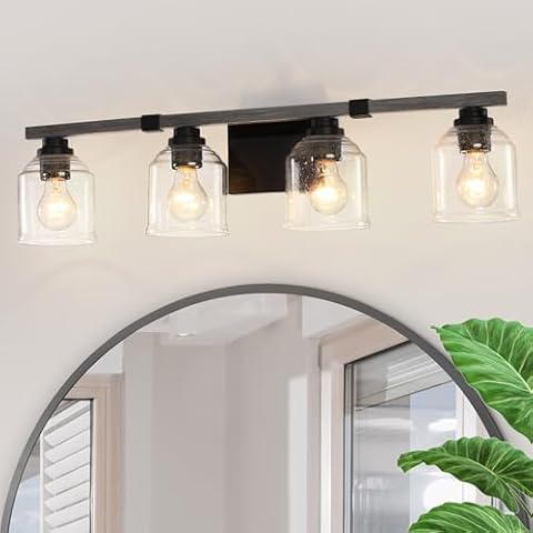 YKLITG 30" Large Farmhouse Bathroom Vanity Light,3-Light Handmade Wood Vanity Lights with Bubble Glass Shades, Rustic Wall Sconce Over Mirror for Bathroom,Dressing Room, Kitchen .BD051-4-BW Cover