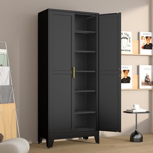 Image of Metal Pantry Cabinet with 2 Doors and 5 Adjustable Shelves, 75 inchKitchen Storage cabinets with Gold Handles, Versatile Storage for Laundry Room, Living Room, Bathroom, Dinning Room, Utility Room-Black