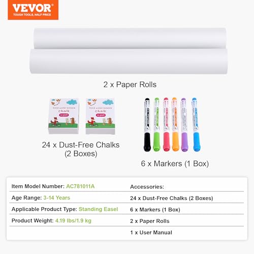 Image of VEVOR Easel Accessory Set, 32 PCS Kid's Art Easel Painting Kit Including Chalks, Dry-Erase Markers & Paper Rolls, Art Supplies Set for Standing Easel, Painting Kit for Toddlers Boys and Girls