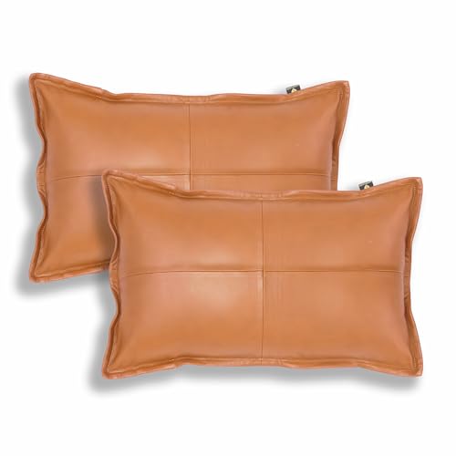 LL LEATHER LOVERS 100% Lambskin Leather Pillow Cover - Sofa Cushion Case - Decorative Throw Covers for Living Room & Bedroom, Camel Antique Box Pack of 2-12X20 Inch