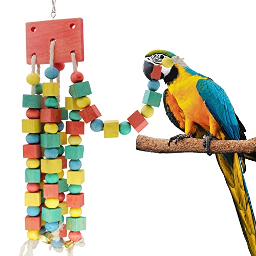 MQUPIN Hanging Wooden Block Chewing Parrot Toy - Multicolored Cage Bite for Parakeet Budgie, Cockatiel, African Grey (Colorful)