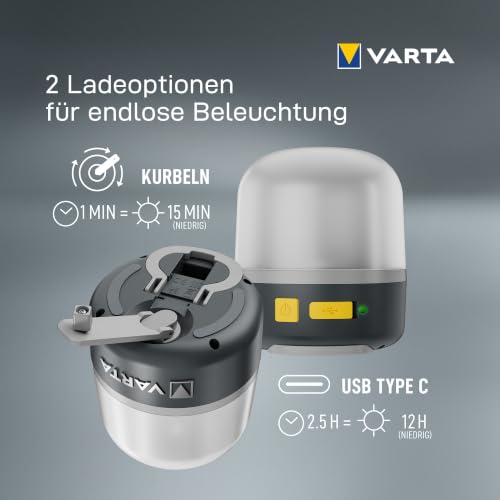 VARTA Campinglampe, Dynamo Camping Laterne L10RH, Handkurbel Lampe, 2 Lademöglichkeiten: per Kurbel oder über USB Typ C… – Ansicht 3