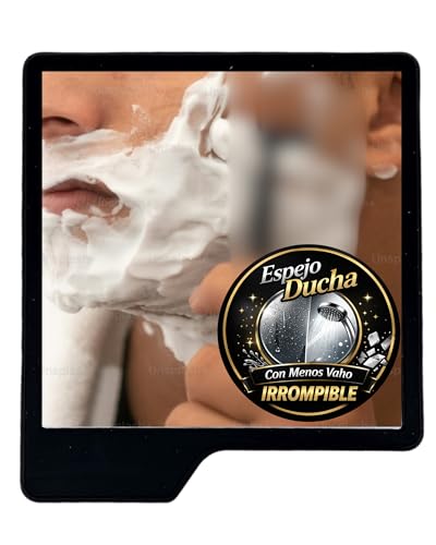 Calma visual Espejo Irrompible Antivaho para Ducha con Soporte Maquinilla Y Cepillo Dientes Organizador Aseo Adhesivo Baño Sin Taladro Accesorio Minimalista Afeitado Hombre Compacto Negro Moderno