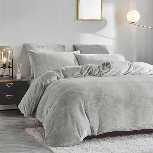 Yasmeng Fluffy Velvet Duvet Cover Set Light Grey Queen Size Fall Winter Soft Warm Flannel Comforter Cover Silver Gray 90 Inch X 90 Inch Luxury Cozy Plush Fleece Full Reversible Bedding Duvet Cover Set 3Pcs thumb #6