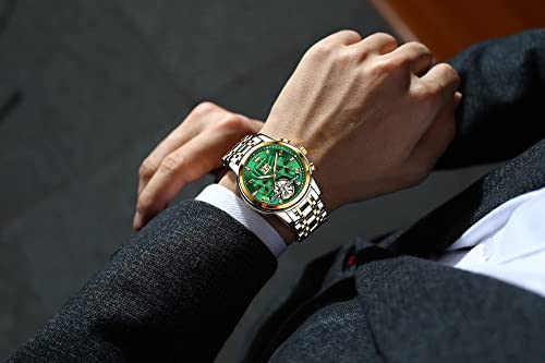 Image of OLEVS Self Winding Watches for Men Automatic Mechanical Skeleton Luxury Dress Waterproof Moon Phase Tourbillon Chronograph Stainless Steel Luminous Wristwatch
