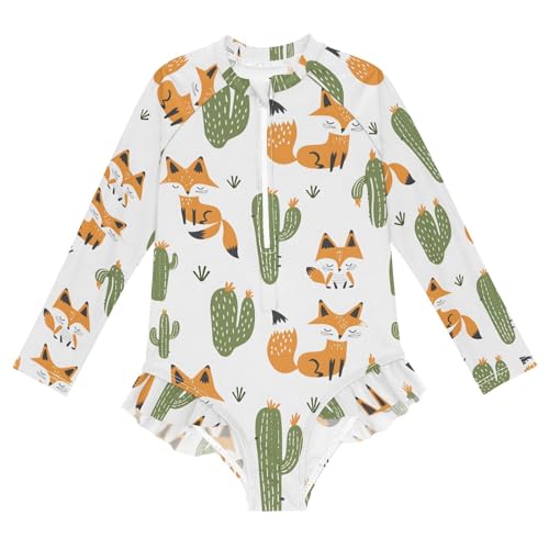 Fox and Cactus Girls Long Sleeve Swimsuit Rash Guard One Piece Bathing Suits Zipper 3-12T