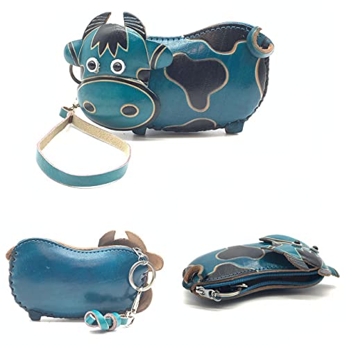 Handmade Vintage Genuine Leather 3D Animal Cow Money Coin Purse with wrist strap; Removable strap (Blue)4