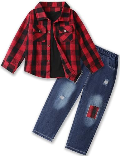 Toddler Boy Clothes Plaid Shirt Jacket White T-shirt and Jeans Pants 3Pcs Boys Fall Winter Outfits for 2-7 Years