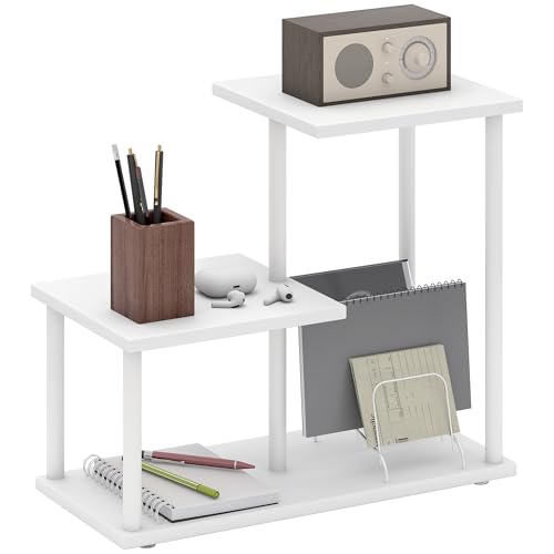 HOMCOM Estantería Efecto Madera Estantería Librería de 3 Niveles Estilo Moderna con Estructura de Metal Estante de Almacenamiento para Escritorio Oficina Cocina 40x20x34,5 cm Blanco