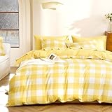 Wake In Cloud - Gingham Comforter Set, Plaid Buffalo Check Checkered Cottagecore Cute Geometric, Soft Lightweight Bedding, 3 Pieces, Yellow White, Queen Size