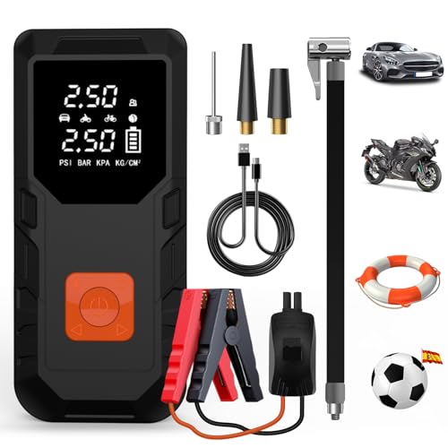 AWESAFE 12000mAh Compresor Aire Portatil 150PSI & Arrancador de Baterias de Coche 12V (Gasolina o Diésel), Power Bank con 18W Carga Rápida, Inflador Ruedas con Linterna LED,Moto, Pelotas