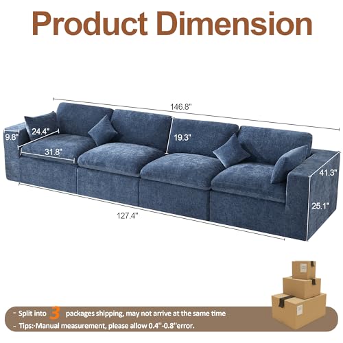 Image of 146''Cloud Boneless Sectional Couch, Modular Sectional Sofa Deep Seat, Oversized Upholstered Convertible Comfy 4 Seater Chenille Memory Foam Sofa Couches for Living Room, Blue