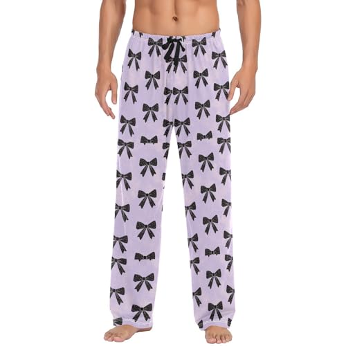Men's Black Bows Pajama Pants with Pockets - Straight Fit Cotton Sleep Bottoms for Lounge & Nightwear#2812
