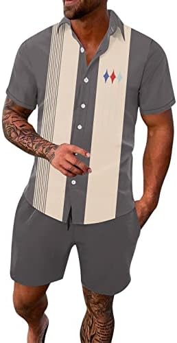 GLVSZ Men's Spring/Summer Leisure Sports Hawaii Beach Style Stitching Stripe Print Short Sleeved Shirt Pants Two Piece Tuxedos Grey
