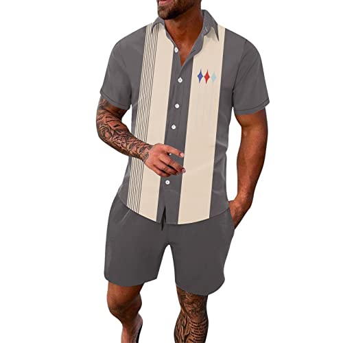 Glvsz Men's Spring/Summer Leisure Sports Hawaii Beach Style Stitching Stripe Print Short Sleeved Shirt Pants Two Piece Tuxedos Grey #TOP9