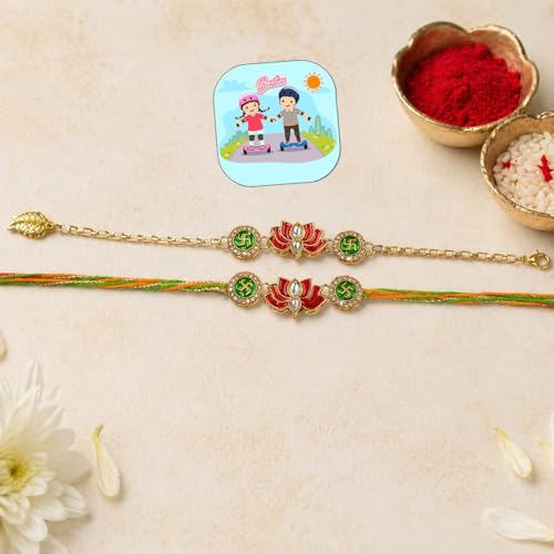Image of CraftVatika Rakhi Gift Combo Set for Brother and Bhabhi, Premium Designer Lotus Rakhis for Rakshabandhan, Stylish Lumba Rakhi for Bhabhi, Raki with Best Wishes Card and Tillak Set for Him