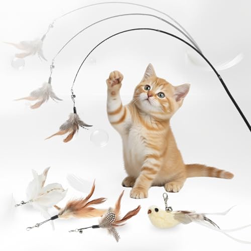 OTraki Giochi per Gatti, Gioco Gatto Interattivo con un uccellino con campanellino e tre piume di ricambio con campanellini, Giochi per Gatti in Casa con Bacchetta Retrattile, per gatto e gattini