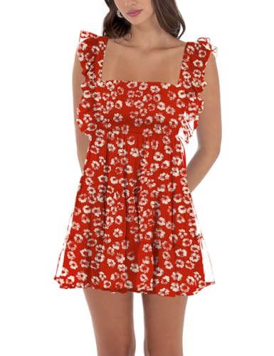 Image of Women's Summer Square Neck Tie Back Ruffle Sleeve Tiered Casual A-Line Short Mini Dress