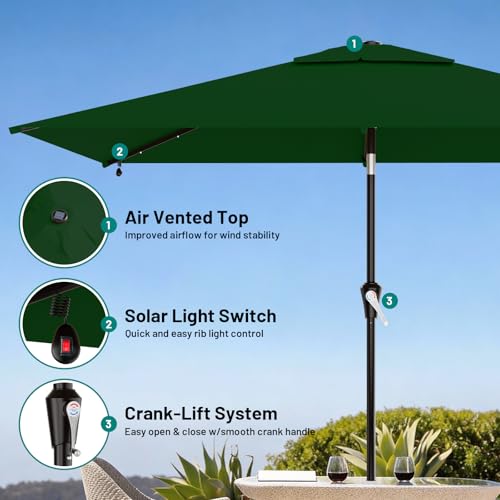 Image of AreShark 6.5' x 10' Rectangular Patio Umbrella with Solar Lights, Solar Powered Lighted Market Umbrella w /Tilt and Crank, Outdoor Table Umbrella for Garden, Deck, Backyard, Pool, Dark Green