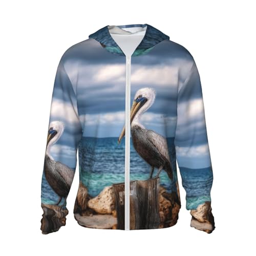 UPF 50+ Sun Protection Hoodie Rash Guard Long Sleeve Sun Shirt Pelican Bird Blue Sea Sky UV Shirt Full Zip Jacket