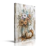 Canvas Wall Art Framed Vintage Wildflower Pumpkin Bouquet Country Cottage Wall Decor Neutral Blue Orange Prints Posters Painting Artwork for Bedroom Entryway Office Thanksgiving Hallway 16x24 Inches